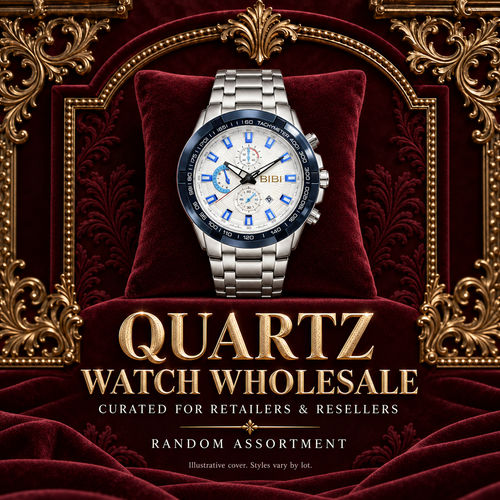 Quartz watch wholesale random assortment — burgundy and gold illustrative collection cover; styles vary by lot.